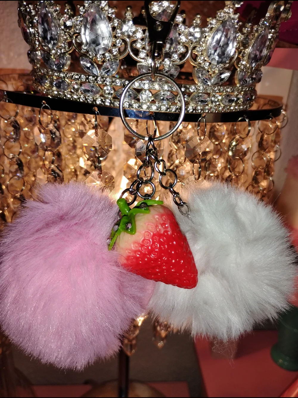 Pink Fur Pom Pom Strawberry Keychain Charm